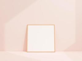 Clean and minimalist front view square wooden photo or poster frame mockup leaning against white wall. 3d rendering.