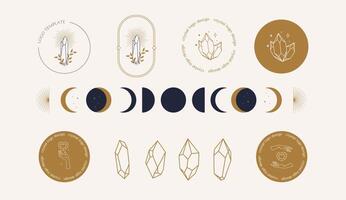 A set of female hand logos Crystal in a minimal linear style. Mystical logo template of sun crystals and moon vector