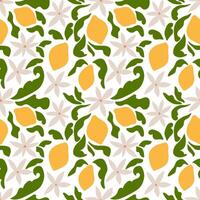 Tropical seamless pattern with yellow lemons and blossom. Fruit repeated background. Vector bright print for fabric or wallpaper.