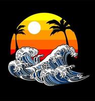 sun set with blue sea japanes art