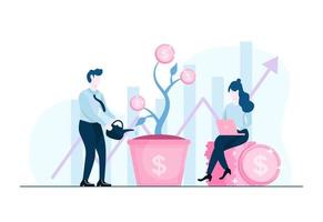 jóvenes inversores hombre y mujer creciendo árbol de monedas de dólar para obtener ganancias, dividendos e inversión de ingresos ilustración plana vector