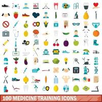 100 medicine training icons set, flat style vector