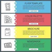 Printing web banner templates set. Polygraphy and typography. Flyer template, color palette, brochure, newspaper. Website color menu items with linear icons. Vector headers design concepts