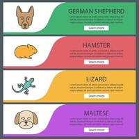 Pets web banner templates set. German Shepherd, hamster, lizard, Maltese dog. Website color menu items. Vector headers design concepts