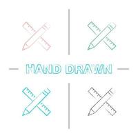 Ruler and pencil hand drawn icons set. Color brush stroke. Drawing and drafting tools. Isolated vector sketchy illustrations