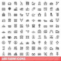 100 farm icons set, outline style vector