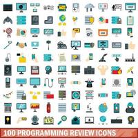 100 programming review icons set, flat style vector