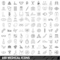 100 medical icons set, outline style vector