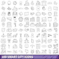 100 smart city icons set, outline style vector