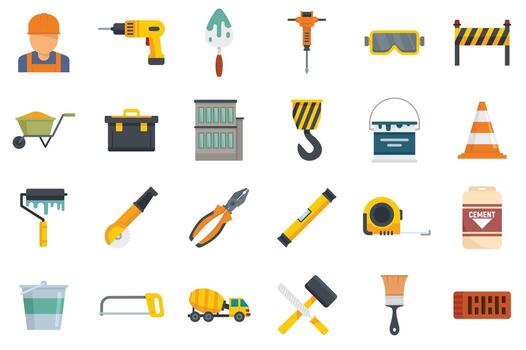 Building reconstruction icons set flat vector isolated