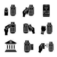 NFC payment glyph icons set. Pay with smartphone and credit card, online banking, POS terminal, NFC smartwatch and manicure. Silhouette symbols. Vector isolated illustration
