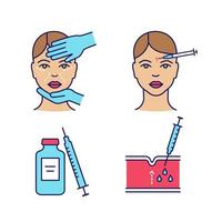 Neurotoxin injection color icons set. Cosmetologist exam, syringe and vial, forehead subcutaneous injection. Isolated vector illustrations