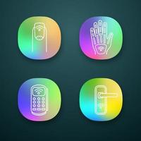 NFC technology app icons set. Near field manicure, hand implant, POS terminal, door lock. UI UX user interface. Web or mobile applications. Vector isolated illustrations