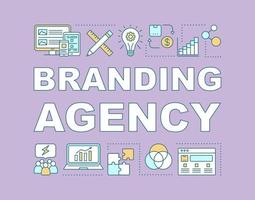 Branding agency word concepts banner. Brand management. Work team cooperation. Strategic planning. Presentation, website. Isolated lettering typography idea, linear icons. Vector outline illustration