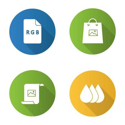 Printing flat design long shadow glyph icons set. Polygraphy and typography. RGB color model, printing on shopping bags, paper with image, cartridge ink drops. Vector silhouette illustration