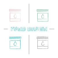 Printer cartridge ink hand drawn icons set. Color brush stroke. Plastic bottle with drop. Isolated vector sketchy illustrations