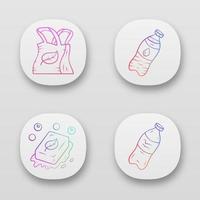 Zero waste swaps handmade app icons set. Eco friendly products. Reusable materials. Plastic water bottle, eco soap, bag. UI UX user interface. Web or mobile applications. Vector isolated illustrations