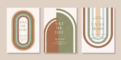 Boho Arch Wedding Invitation Terraccota Rust Beige Modern Retro 70s Rainbow Sage Arch Moss Abstract Japandi Minimalism. vector