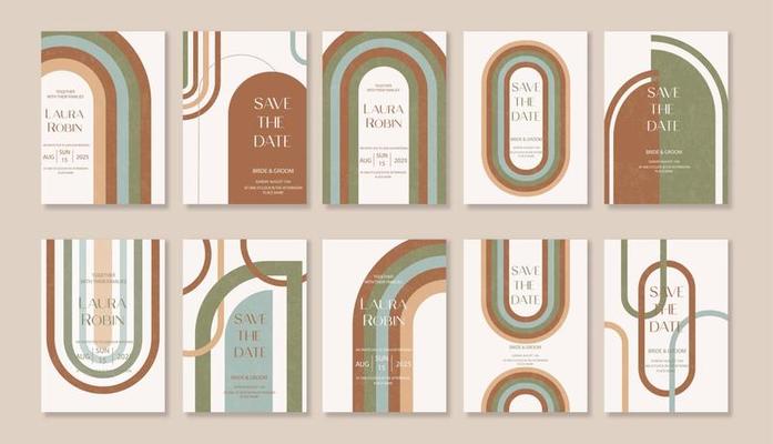 Set of Boho Arch Wedding Invitation Terraccota Rust Beige Modern Retro 70s Rainbow Sage Arch Moss Abstract Japandi Minimalism.