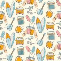 Summer Seamless pattern. Summer pattern. Surfing, hippies, drinks, ice cream, minivan, sunglasses, music. vector