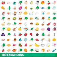 100 farm icons set, isometric 3d style vector