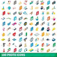 100 photo icons set, isometric 3d style vector