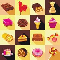 conjunto de iconos de dulces, chocolate y pasteles, estilo plano vector