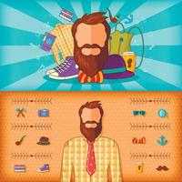 Hipster man banner set horizontal, cartoon style vector