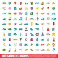 100 iconos de surf, estilo de dibujos animados vector