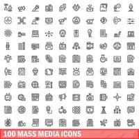 100 mass media icons set, outline style vector