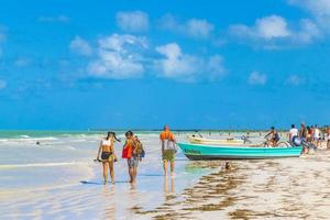 Holbox Quintana Roo Mexico 2021 Beautiful Holbox island beach sandbank panorama turquoise water people Mexico. photo