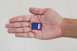 hand holding sd memory card. photo