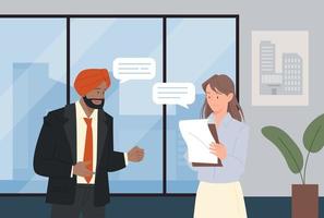 A businessman in a turban and suit is having a conversation with a business woman holding papers. office background. vector