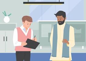 The manager is talking in traditional Indian clothes. The employee is taking notes of his words. office background. vector