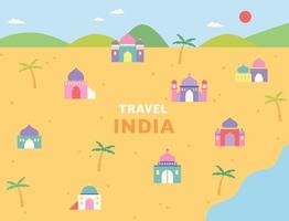 Cute Indian temple icons arranged on illustration map background. vector