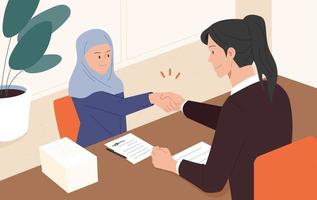 Two women are shaking hands in the office. There is a signed contract on the table. A woman is wearing a hijab. vector