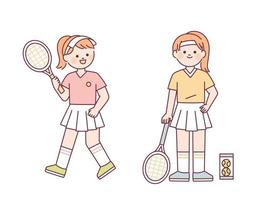 Cute girls are playing tennis. A girl standing with a tennis racket and a girl swinging. vector