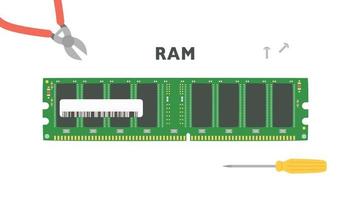 computer parts. Memory ram card and repair tools. flat design style vector illustration.
