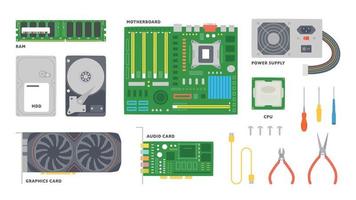 Computer main parts and repair tools. Simple but detailed design. vector