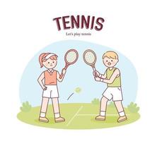 Tennis advertising banner poster. Cute characters holding tennis rackets. vector