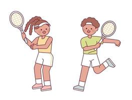 lindos personajes jugando al tenis con uniformes de tenis. vector