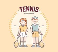 Tennis promotion banner template. Cute boy and girl characters wearing tennis jerseys and holding rackets. vector