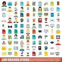 100 reader icons set, flat style vector