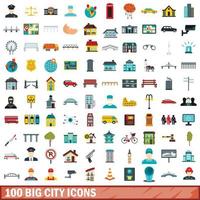 100 big city icons set, flat style vector