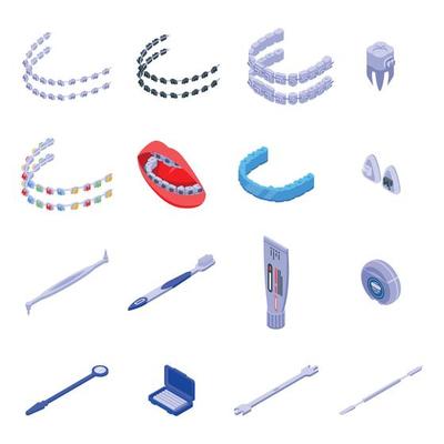 Tooth braces icons set, isometric style