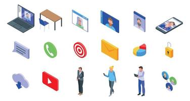 Online meeting icons set, isometric style vector