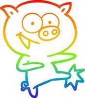 rainbow gradient line drawing cheerful dancing pig cartoon vector