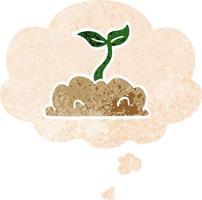 cartoon growing seedling and thought bubble in retro textured style vector