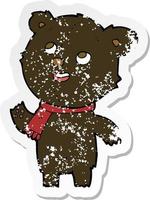 retro distressed sticker of a cartoon black bear wearing scarf vector