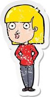 distressed sticker of a cartoon woman staring vector